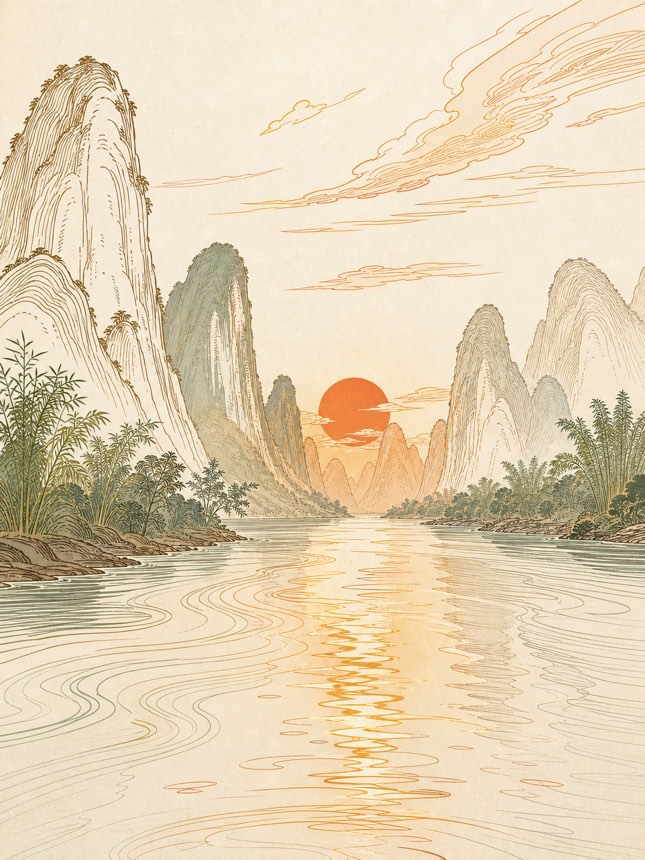 漓江山水 线描插画